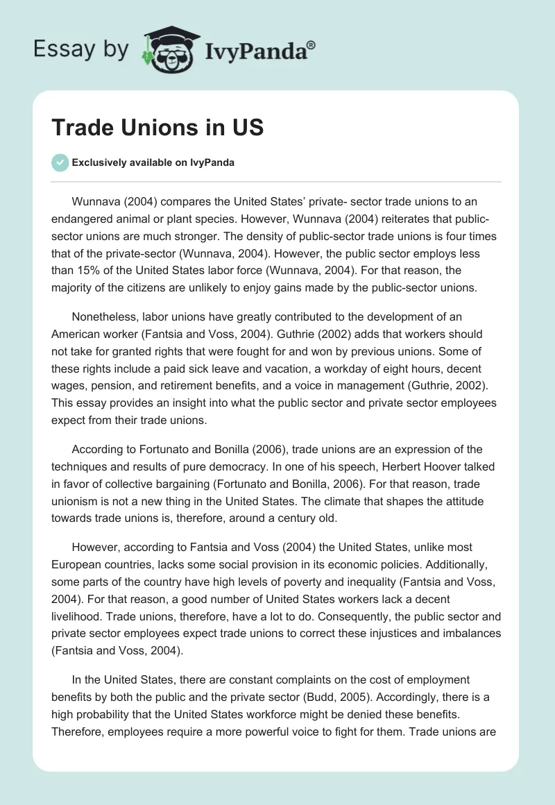 Trade Unions in US. Page 1