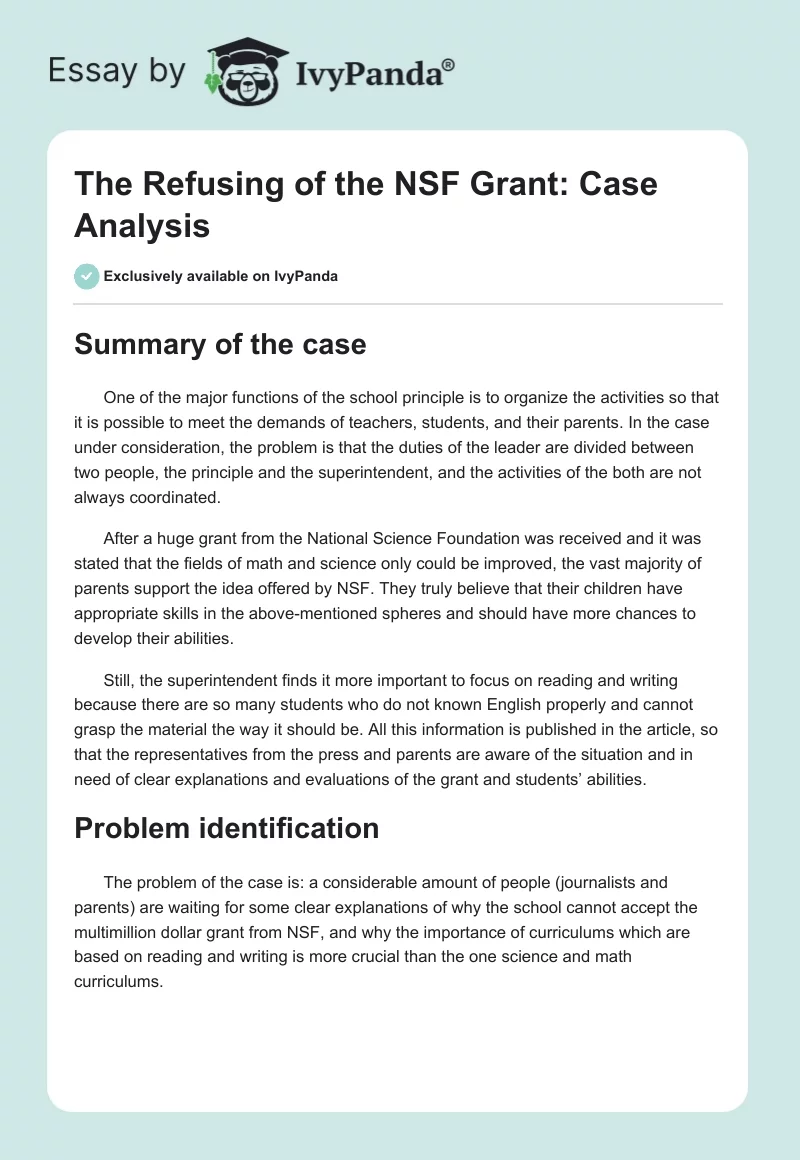 The Refusing of the NSF Grant: Case Analysis. Page 1