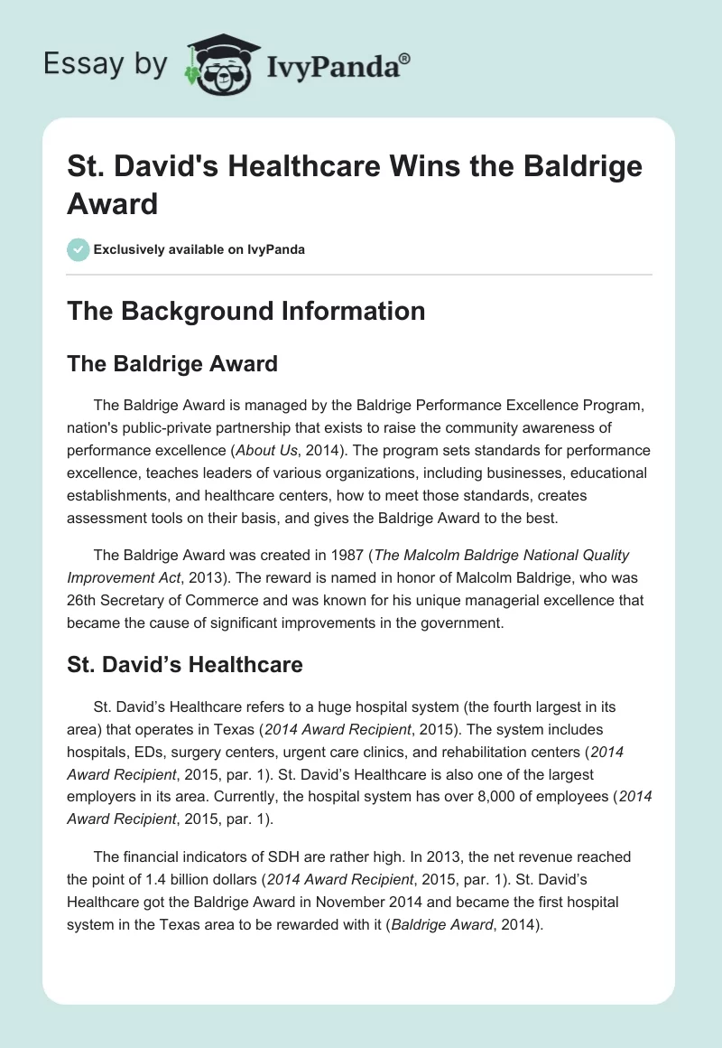 St. David's Healthcare Wins the Baldrige Award. Page 1