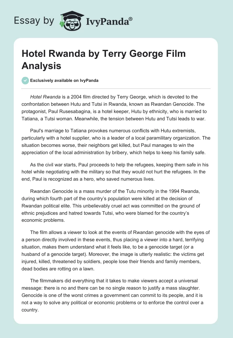"Hotel Rwanda" by Terry George Film Analysis. Page 1