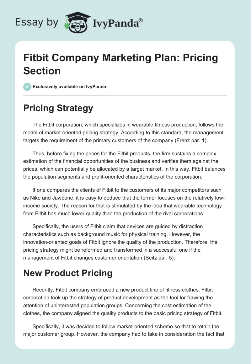 Fitbit Company Marketing Plan: Pricing Section. Page 1