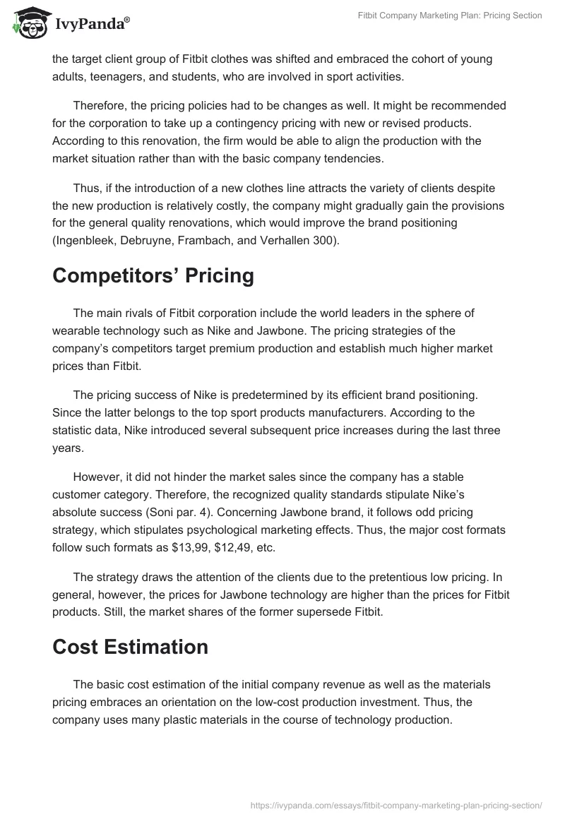 Fitbit Company Marketing Plan: Pricing Section. Page 2