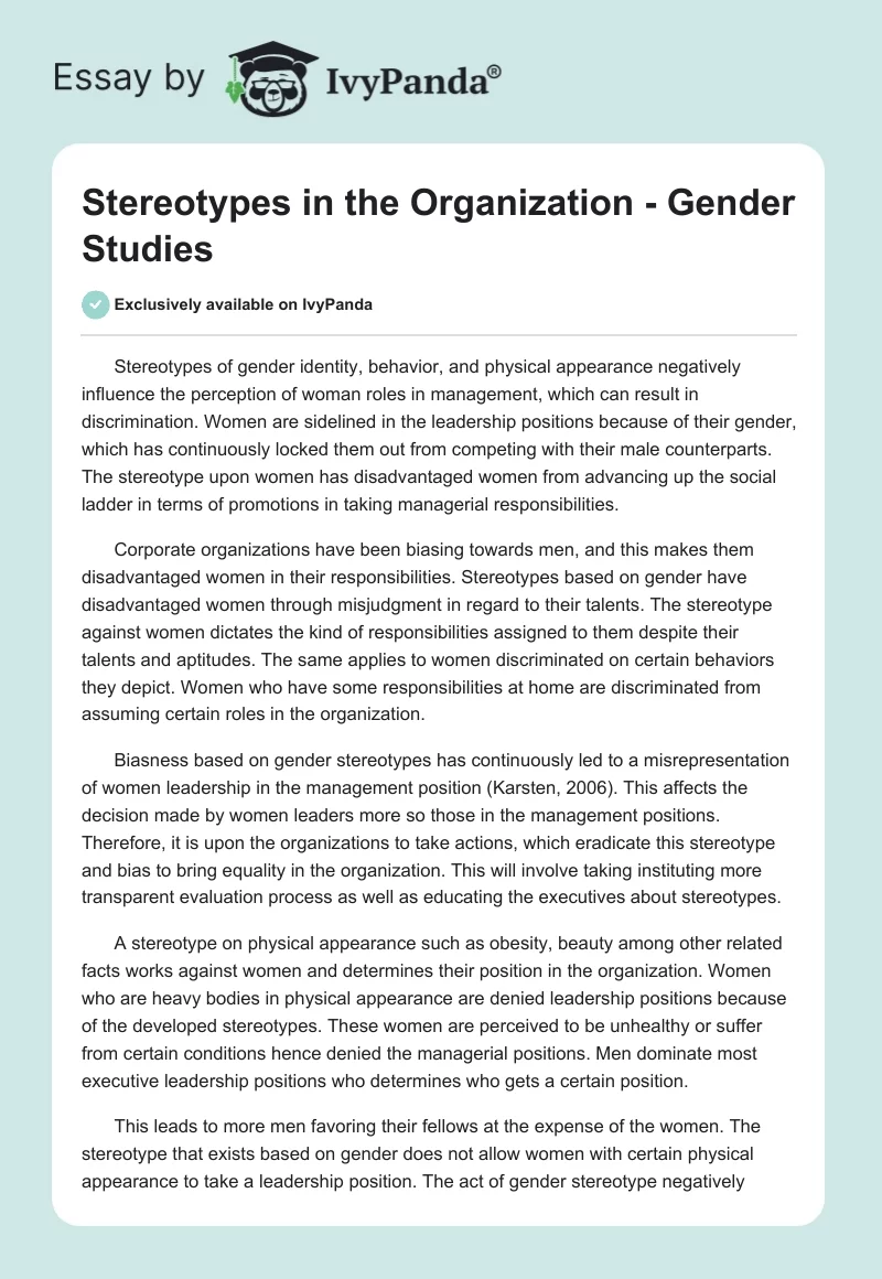 Stereotypes in the Organization - Gender Studies. Page 1