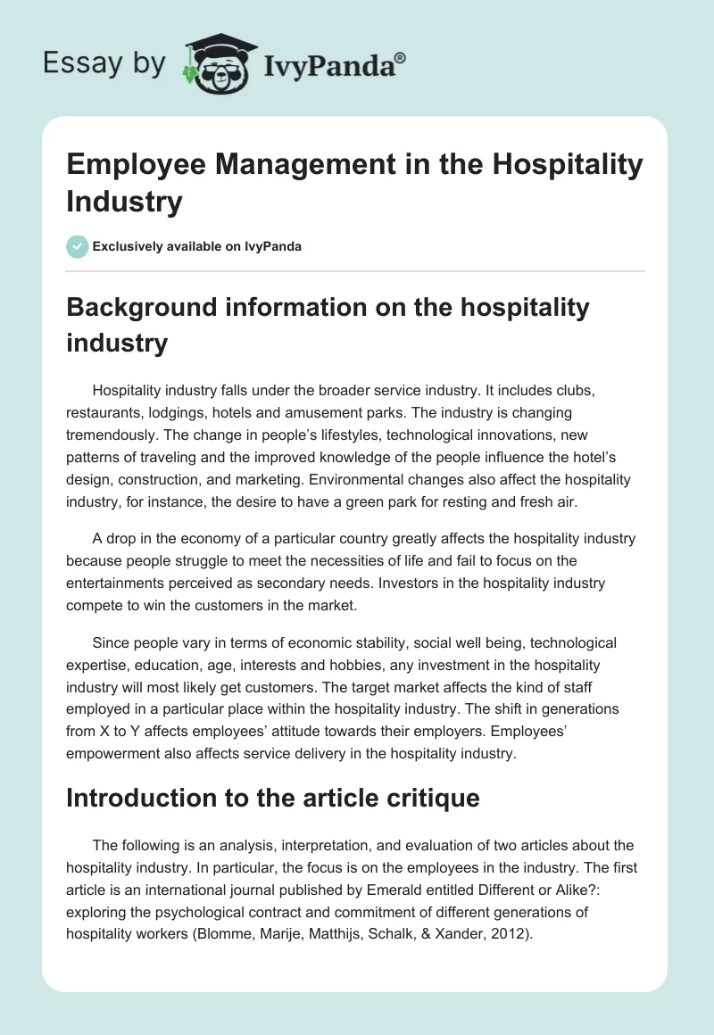 Employee Management in the Hospitality Industry. Page 1