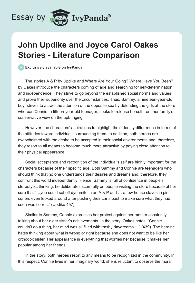 John Updike and Joyce Carol Oakes Stories - Literature Comparison. Page 1