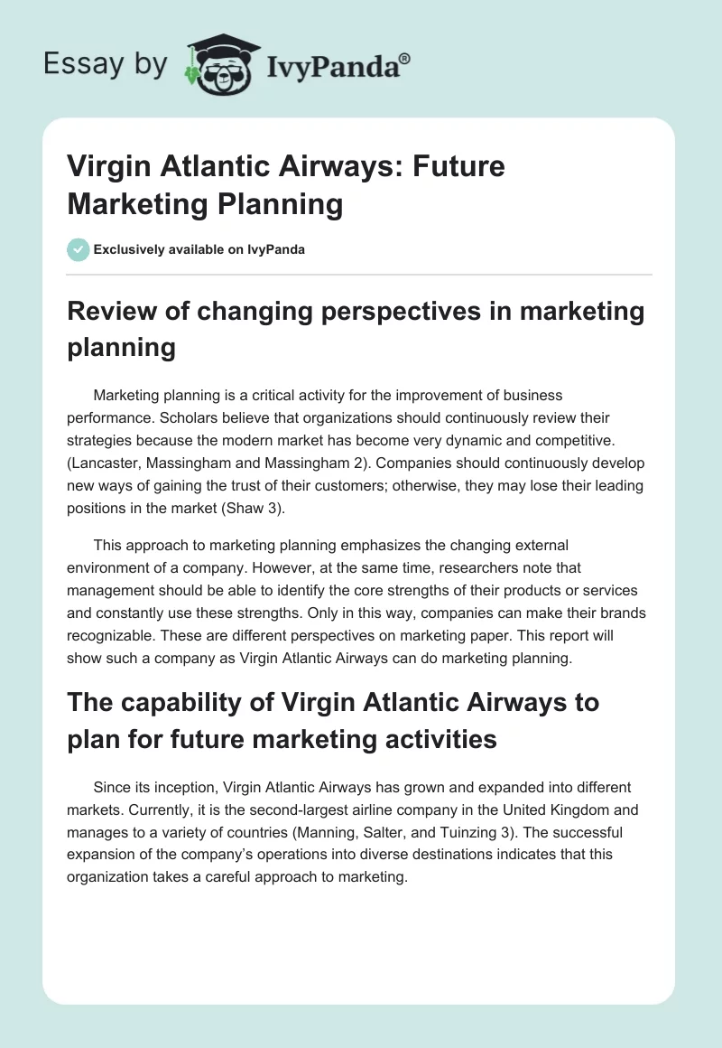 Virgin Atlantic Airways: Future Marketing Planning. Page 1