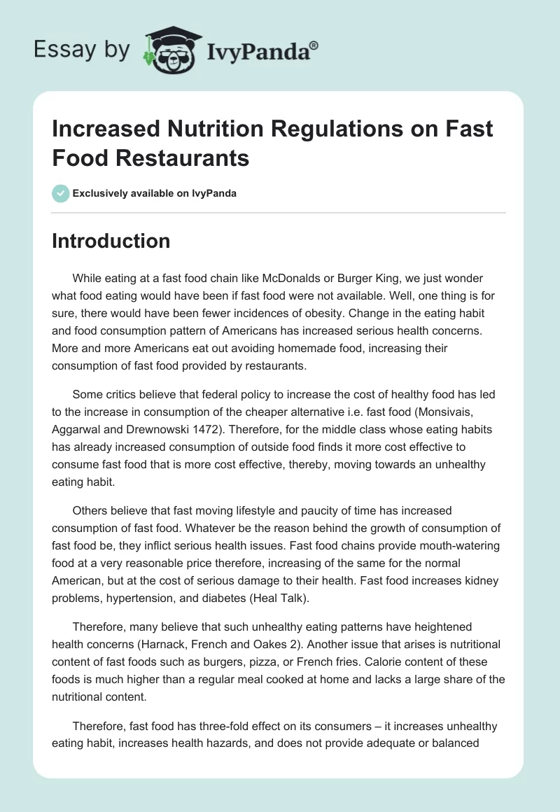 Increased Nutrition Regulations on Fast Food Restaurants. Page 1