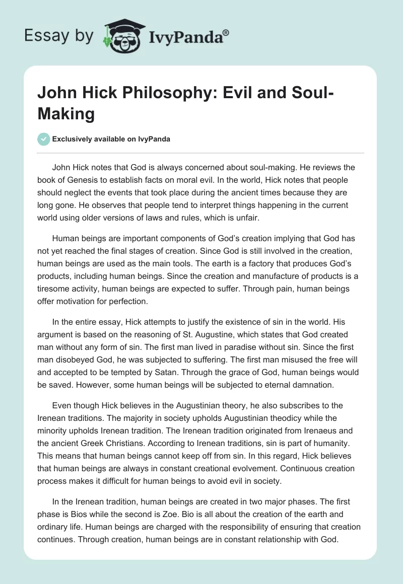 John Hick Philosophy: Evil and Soul-Making. Page 1