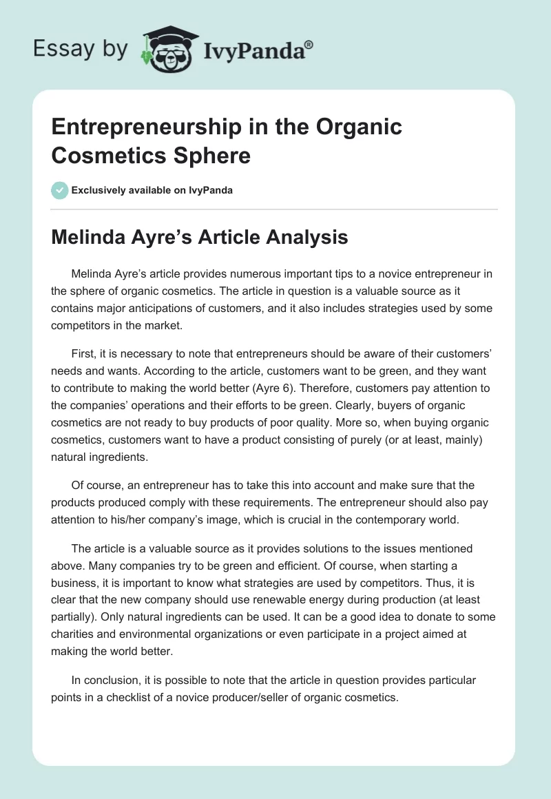 Entrepreneurship in the Organic Cosmetics Sphere. Page 1