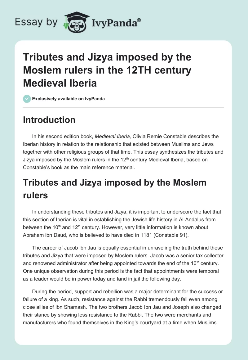 Tributes and Jizya imposed by the Moslem rulers in the 12TH century Medieval Iberia. Page 1