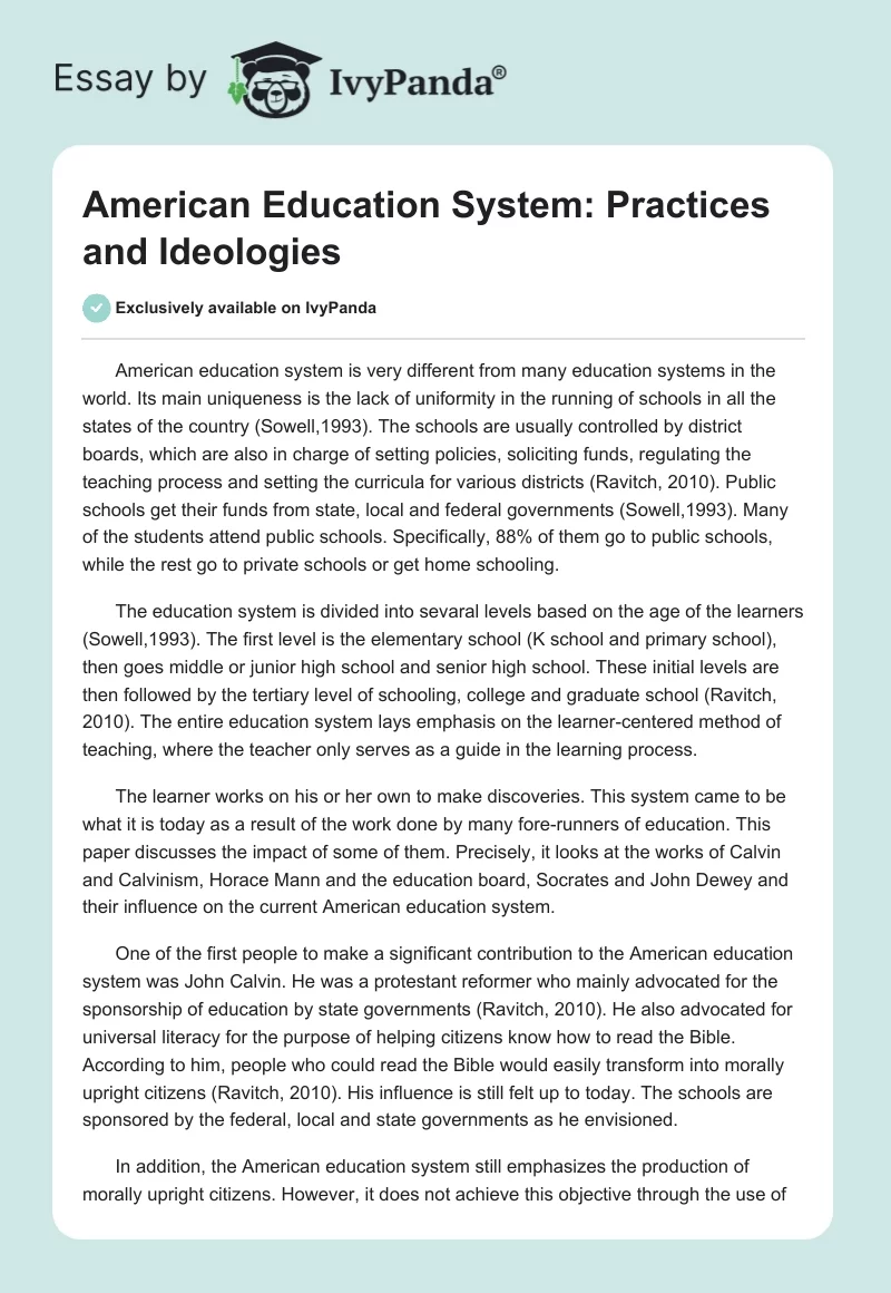 American Education System: Practices and Ideologies. Page 1