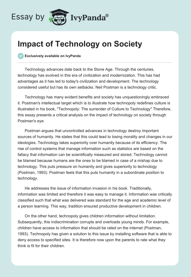 Impact of Technology on Society. Page 1