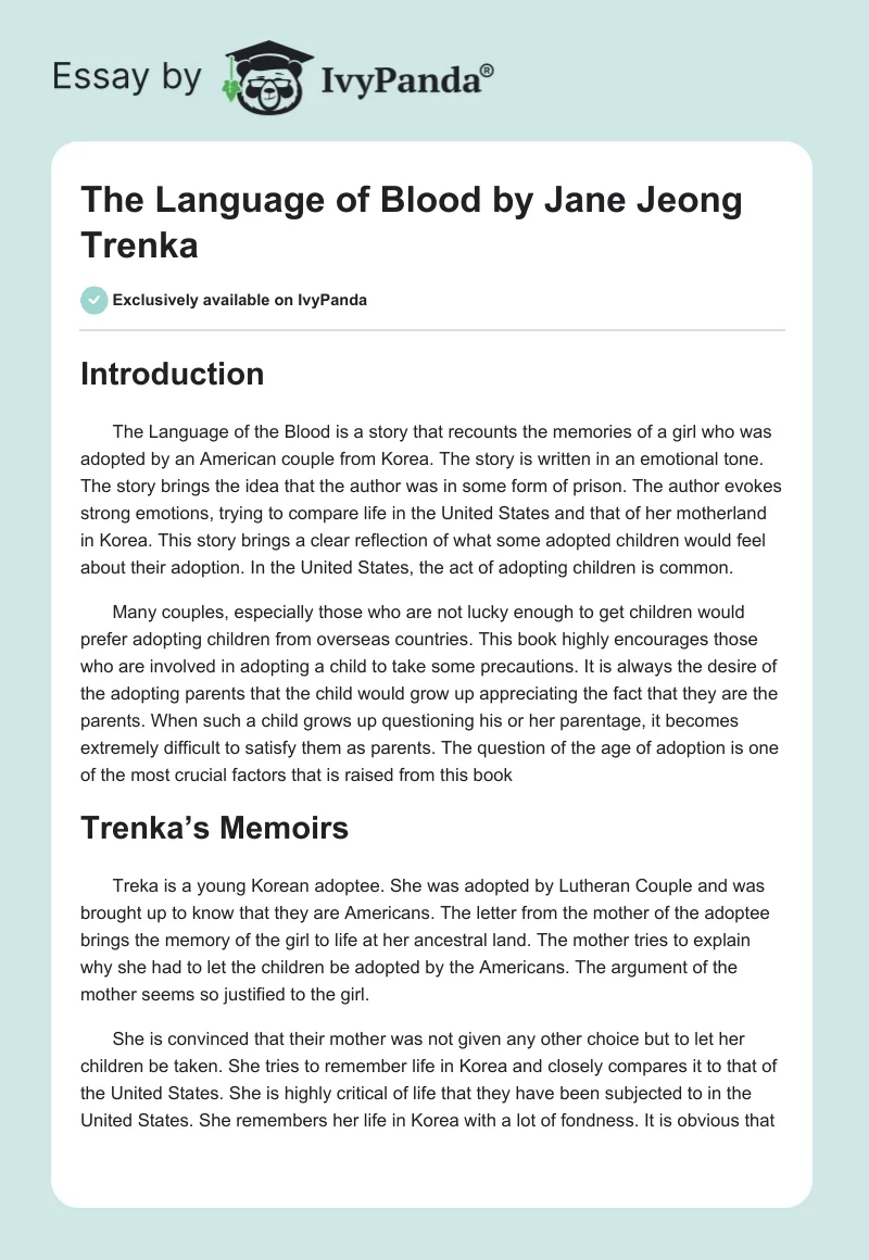 "The Language of Blood" by Jane Jeong Trenka. Page 1