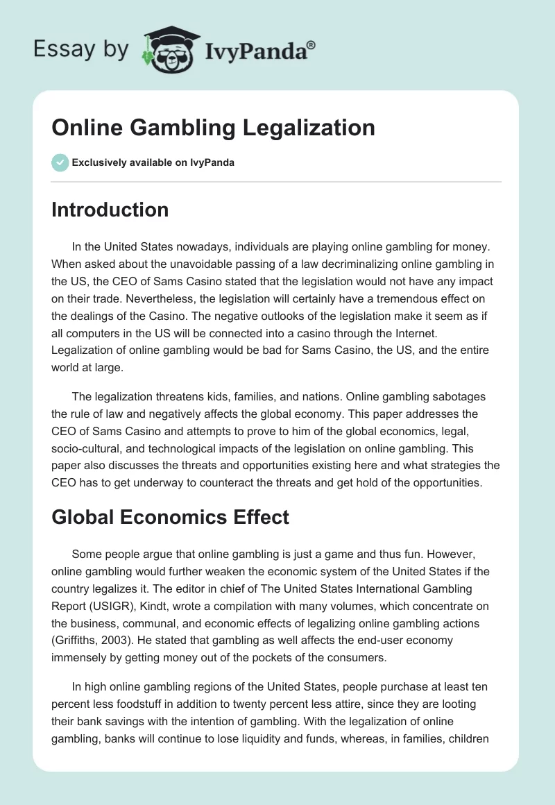 Online Gambling Legalization. Page 1