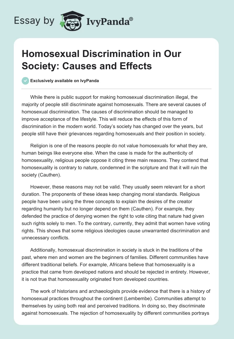 Homosexual Discrimination in Our Society: Causes and Effects. Page 1