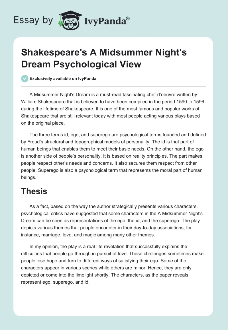 Shakespeare's "A Midsummer Night's Dream" Psychological View. Page 1