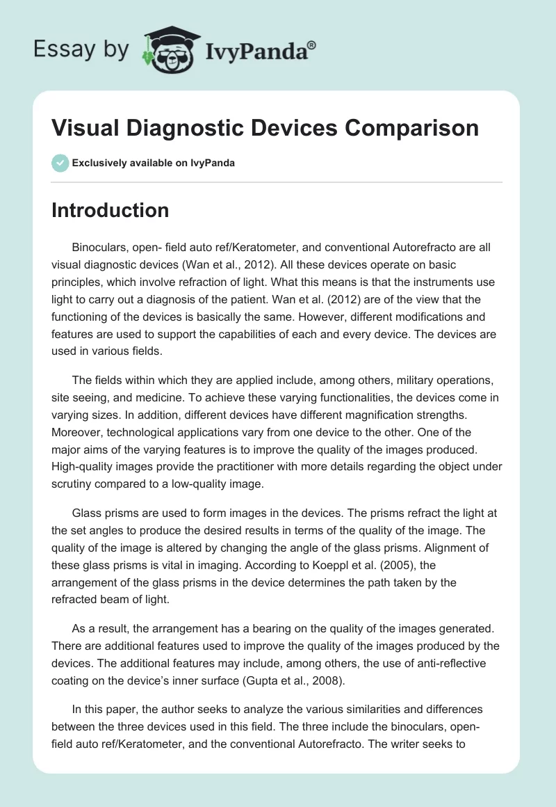 Visual Diagnostic Devices Comparison. Page 1