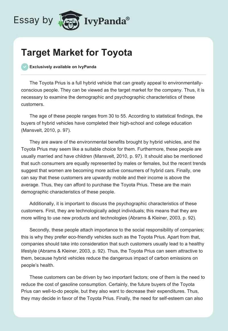 Target Market for Toyota. Page 1