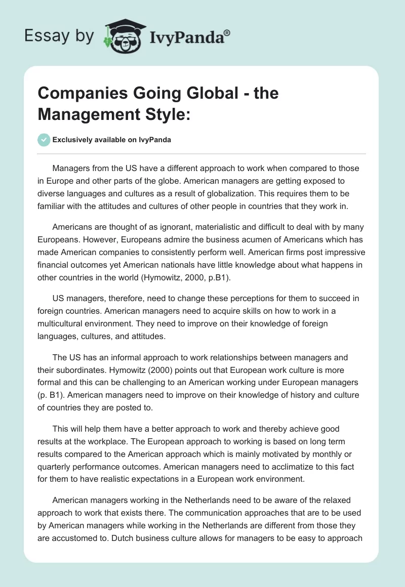 Companies Going Global - the Management Style:. Page 1