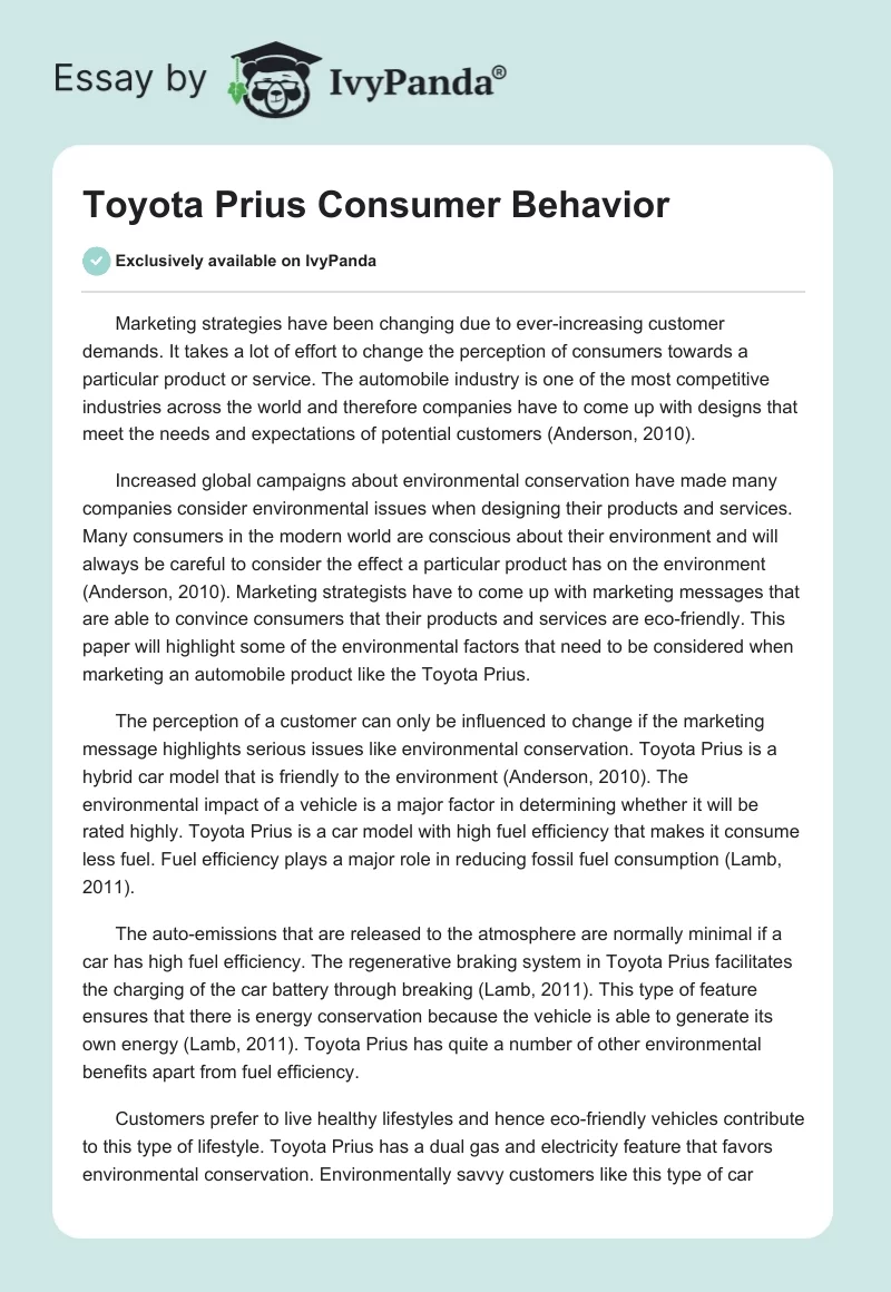 Toyota Prius Consumer Behavior. Page 1