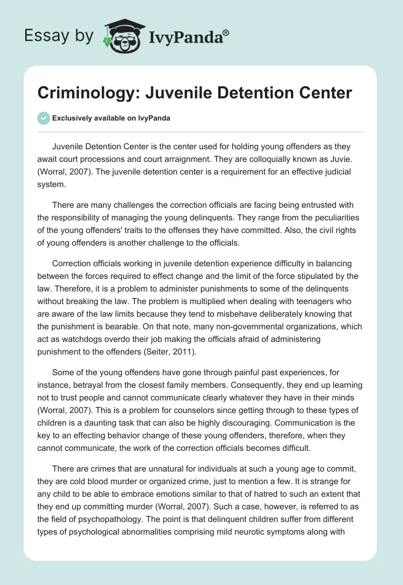 Criminology: Juvenile Detention Center. Page 1