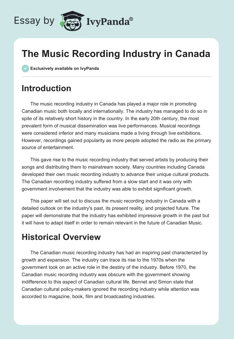 The Music Recording Industry in Canada. Page 1