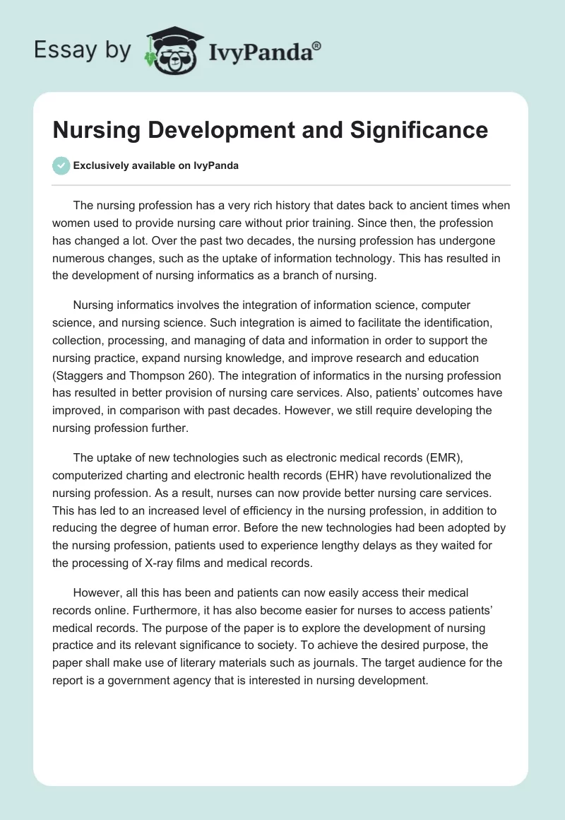 Nursing Development and Significance. Page 1