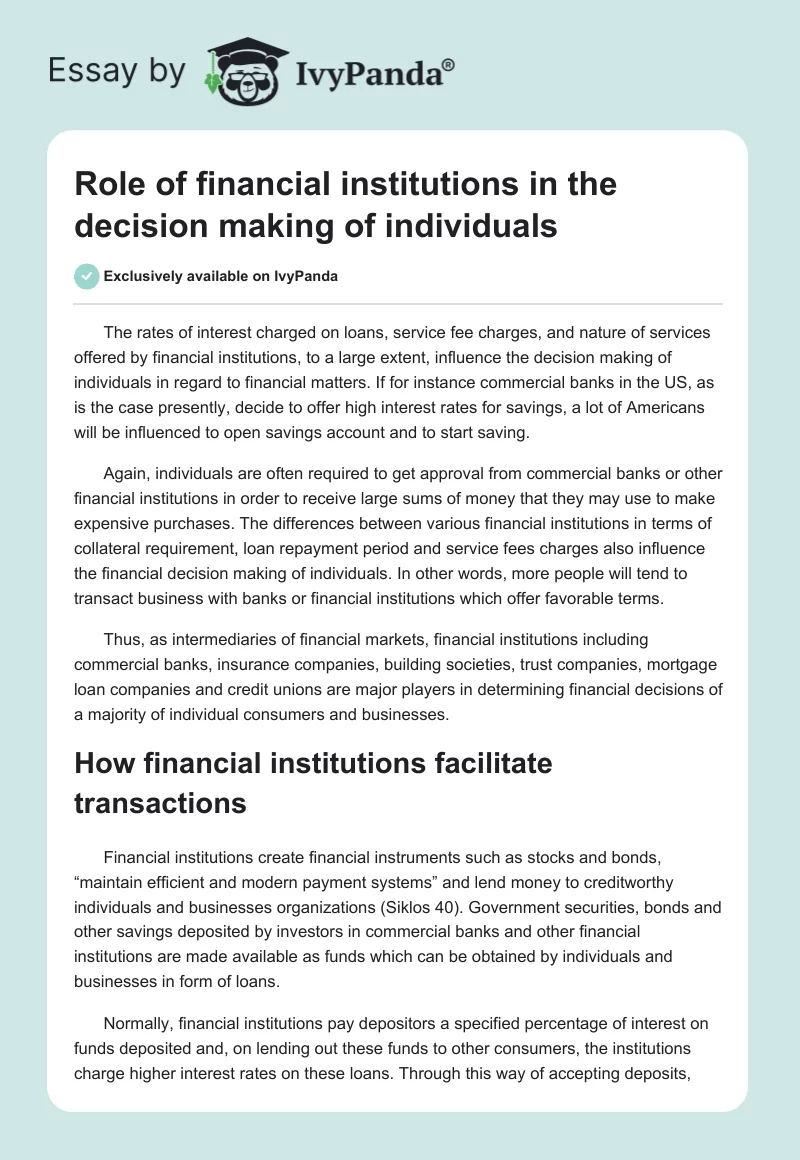 Role of financial institutions in the decision making of individuals. Page 1