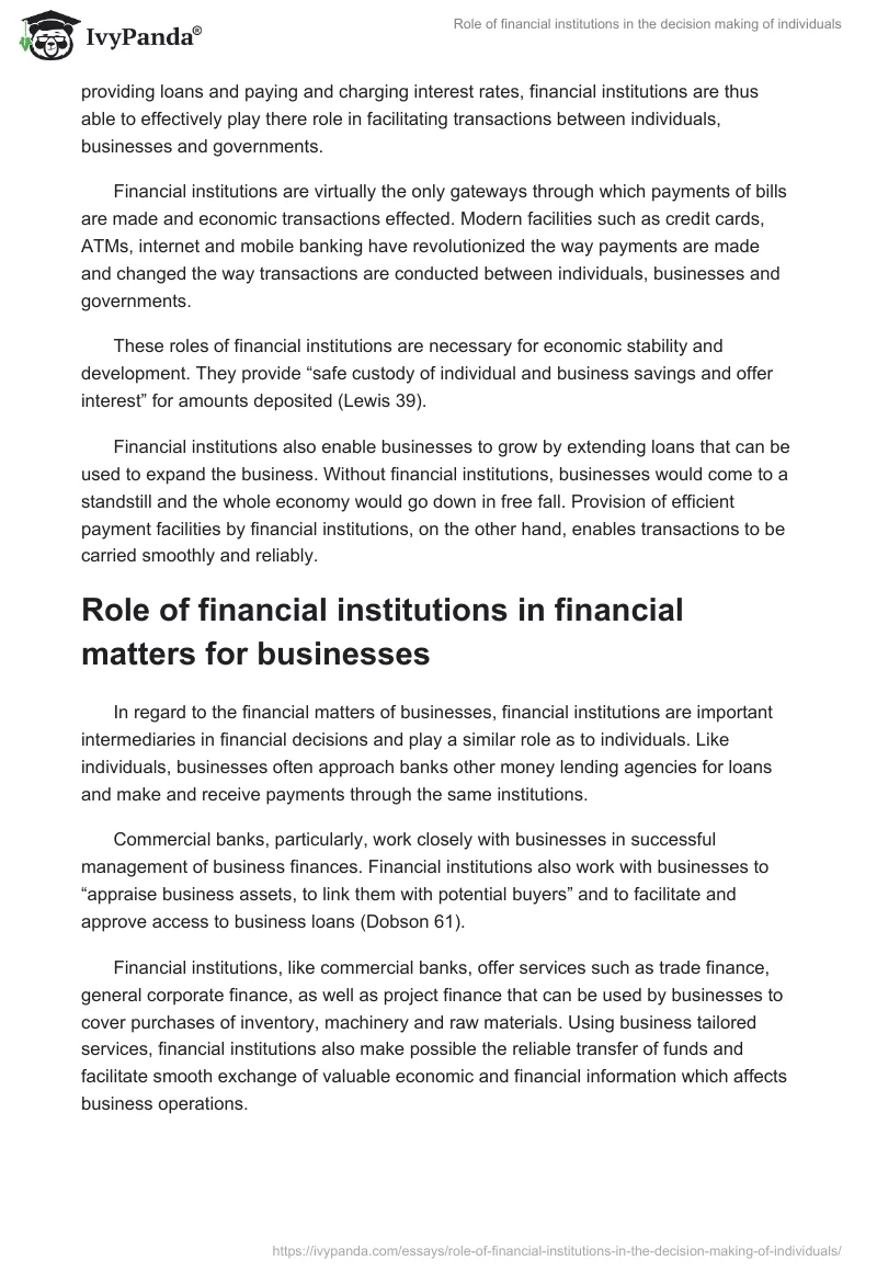 Role of financial institutions in the decision making of individuals. Page 2