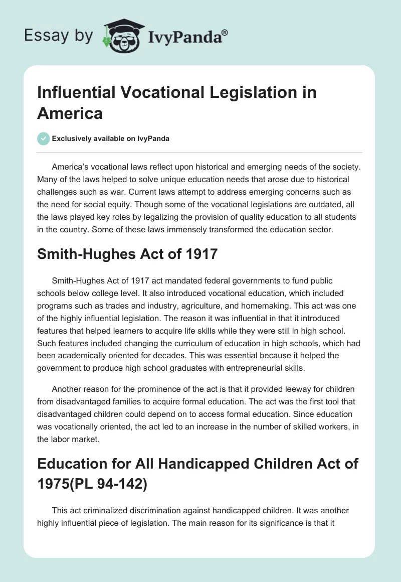 Influential Vocational Legislation in America. Page 1