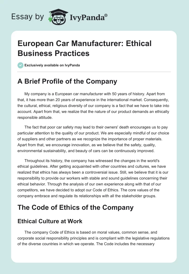 European Car Manufacturer: Ethical Business Practices. Page 1