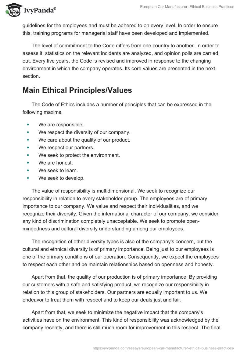 European Car Manufacturer: Ethical Business Practices. Page 2