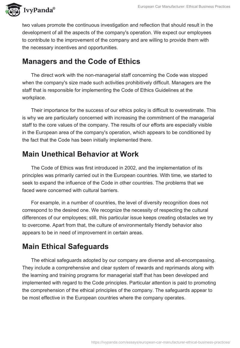 European Car Manufacturer: Ethical Business Practices. Page 3