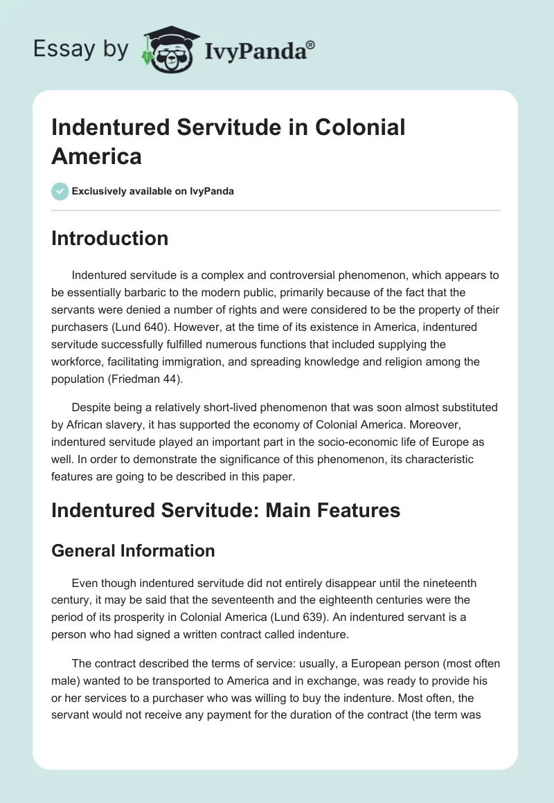 Indentured Servitude in Colonial America. Page 1