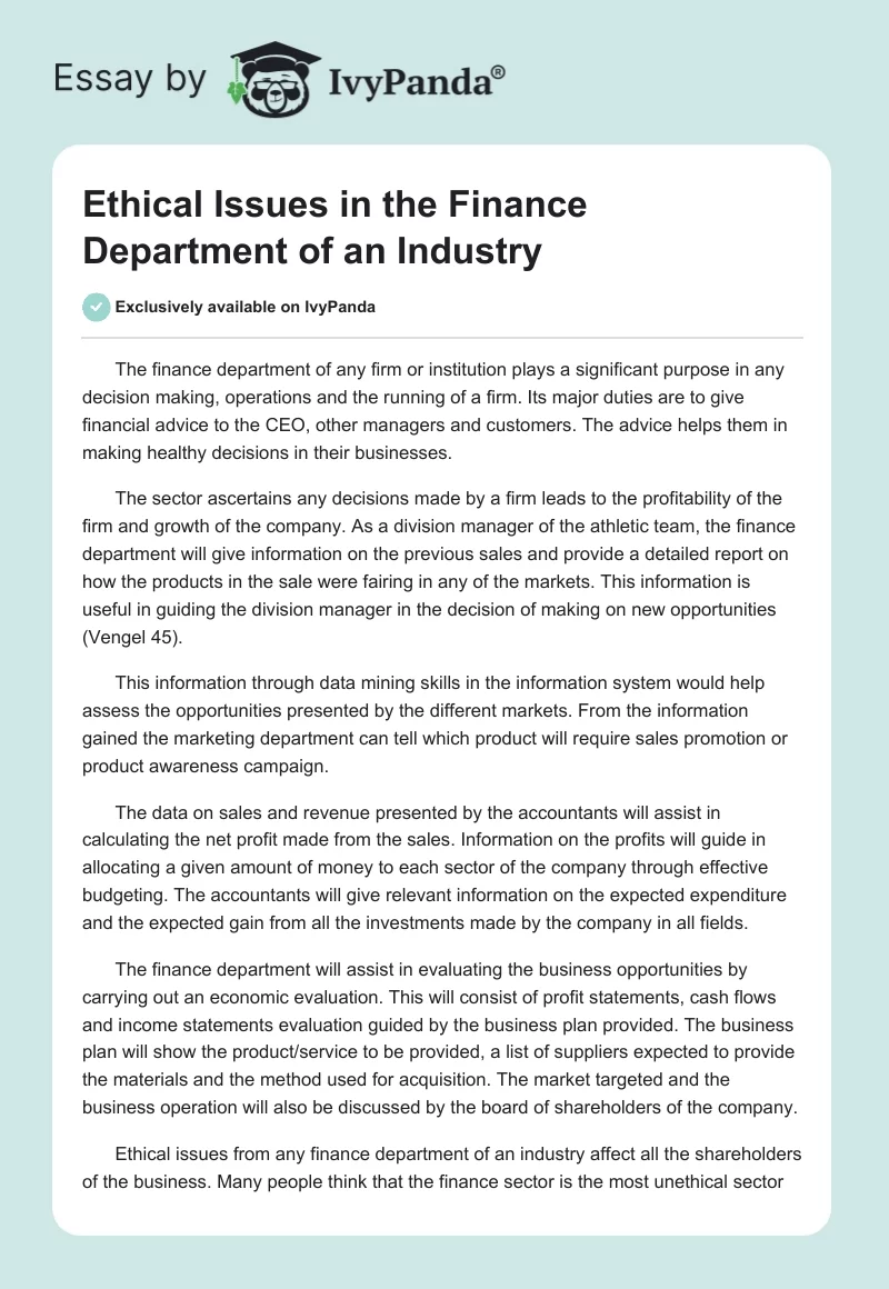 Ethical Issues in the Finance Department of an Industry. Page 1