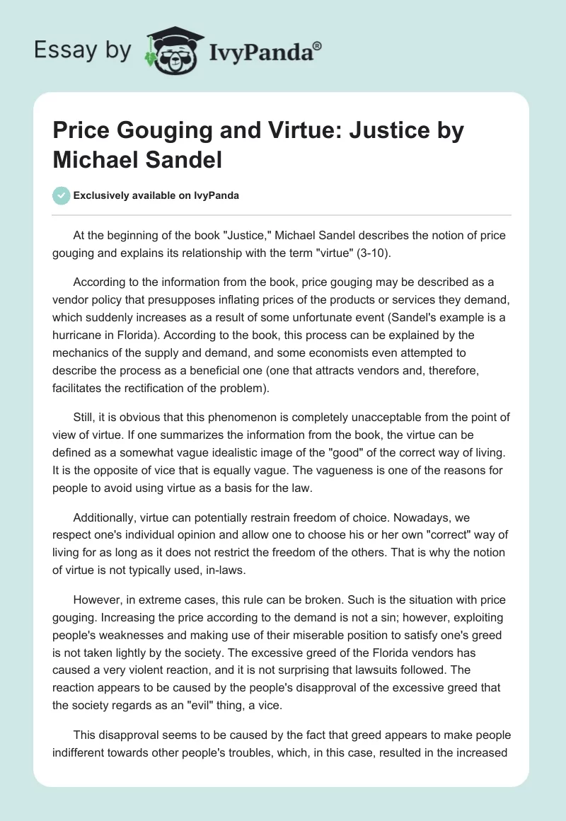 Price Gouging and Virtue: "Justice" by Michael Sandel. Page 1