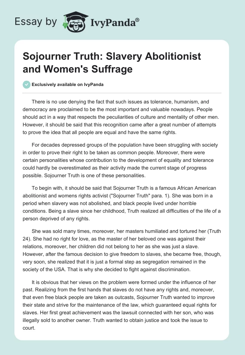 Sojourner Truth: Slavery Abolitionist and Women's Suffrage. Page 1