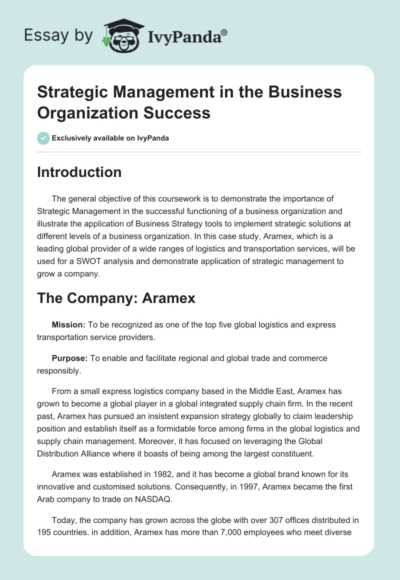 Strategic Management in the Business Organization Success. Page 1