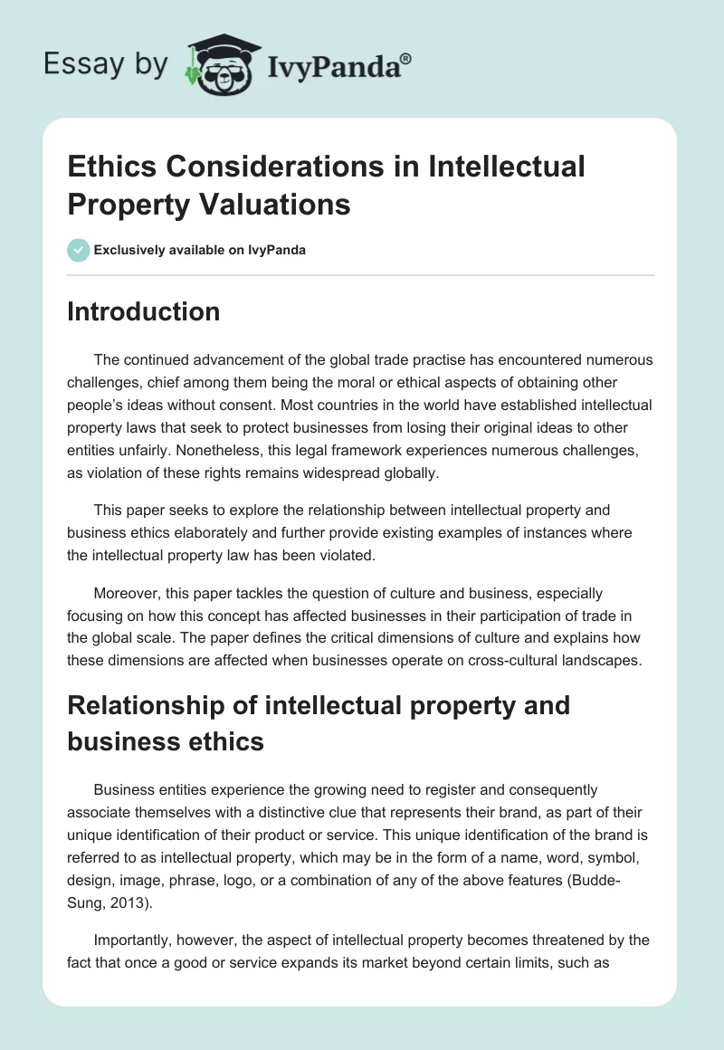 Ethics Considerations in Intellectual Property Valuations. Page 1