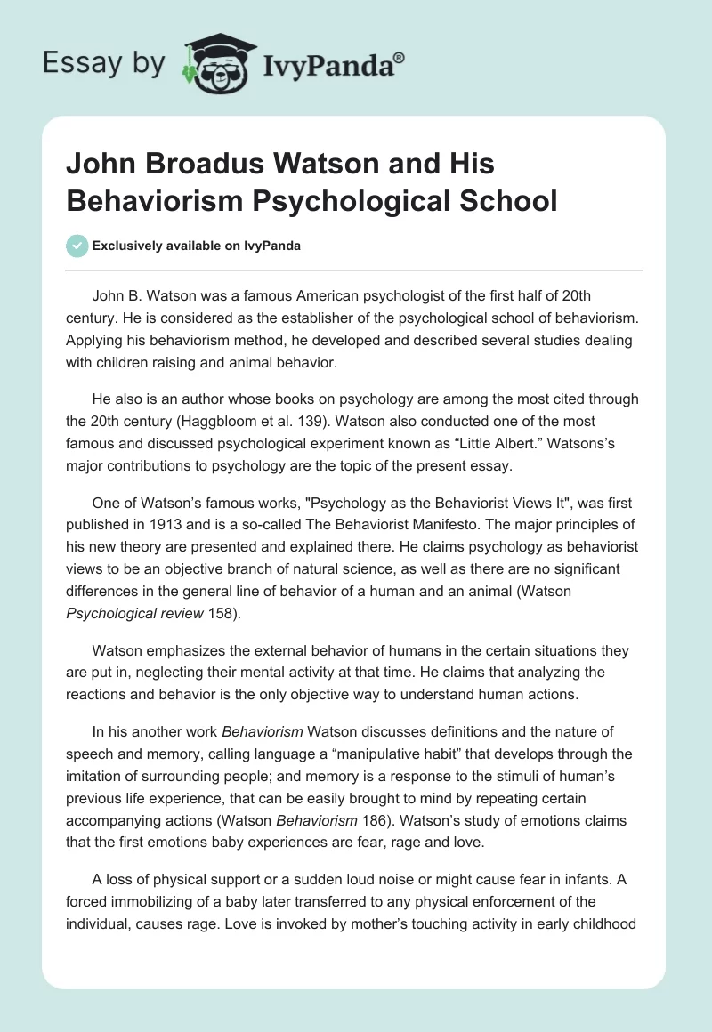 John Broadus Watson and His Behaviorism Psychological School. Page 1