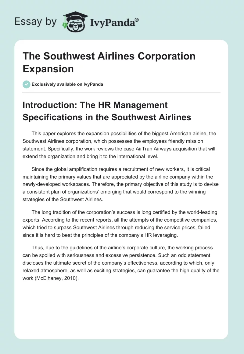 The Southwest Airlines Corporation Expansion. Page 1