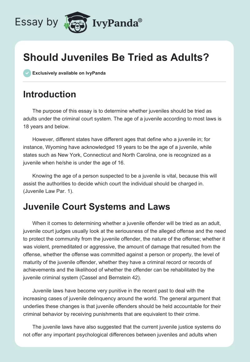 Should Juveniles Be Tried As Adults? - 942 Words | Essay Example