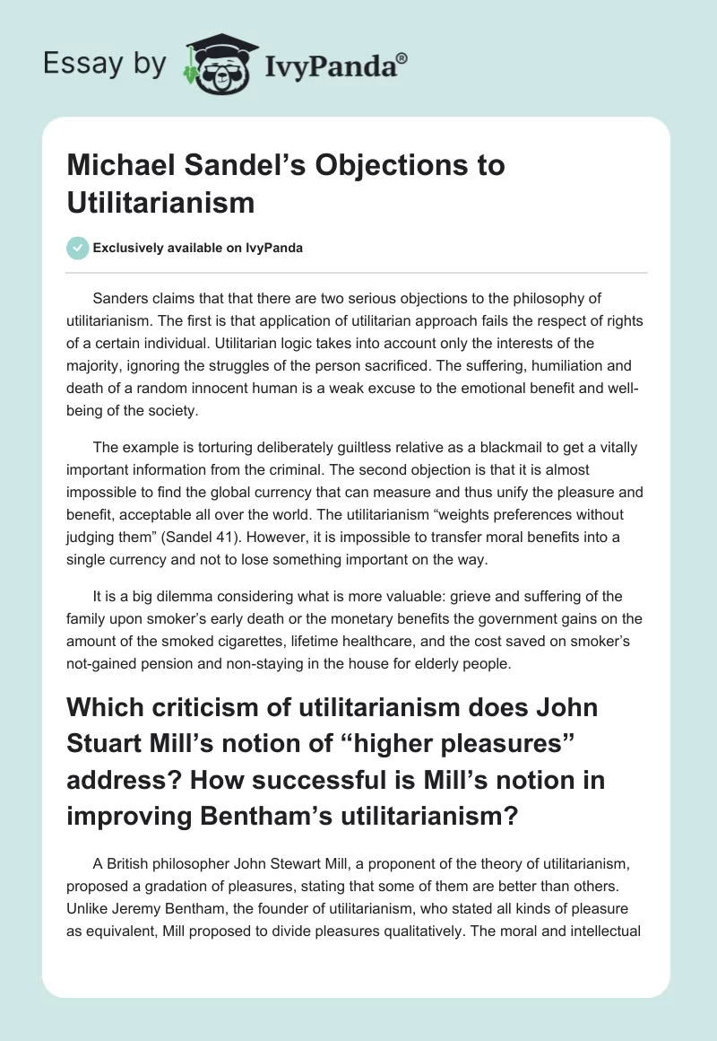 Michael Sandel’s Objections to Utilitarianism. Page 1