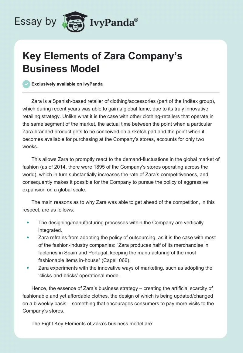 Key Elements of Zara Company’s Business Model. Page 1