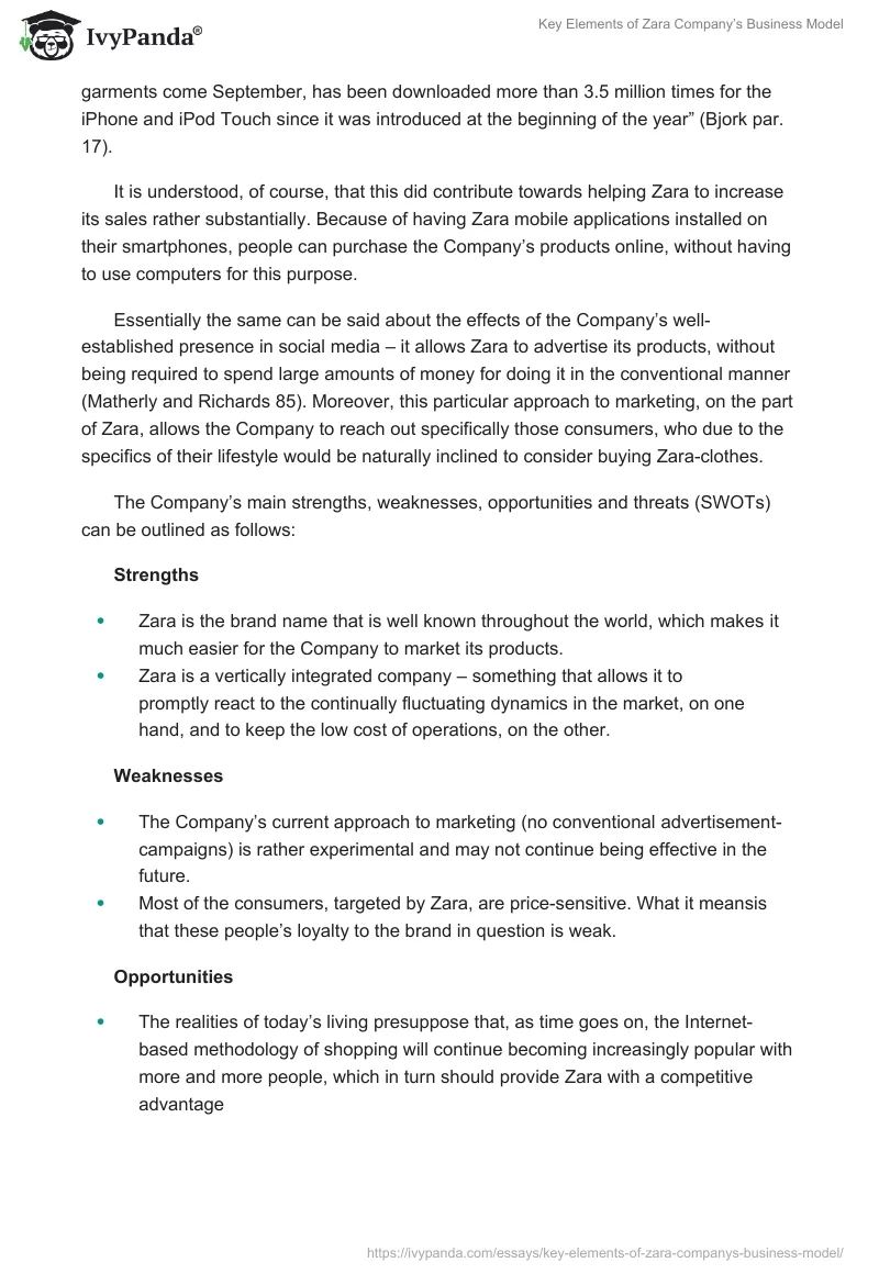 Key Elements of Zara Company’s Business Model. Page 3