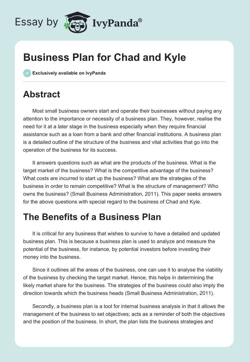 Business Plan for Chad and Kyle. Page 1