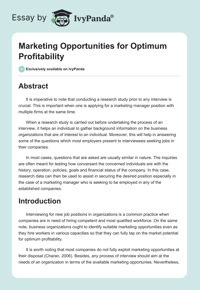 Marketing Opportunities for Optimum Profitability. Page 1