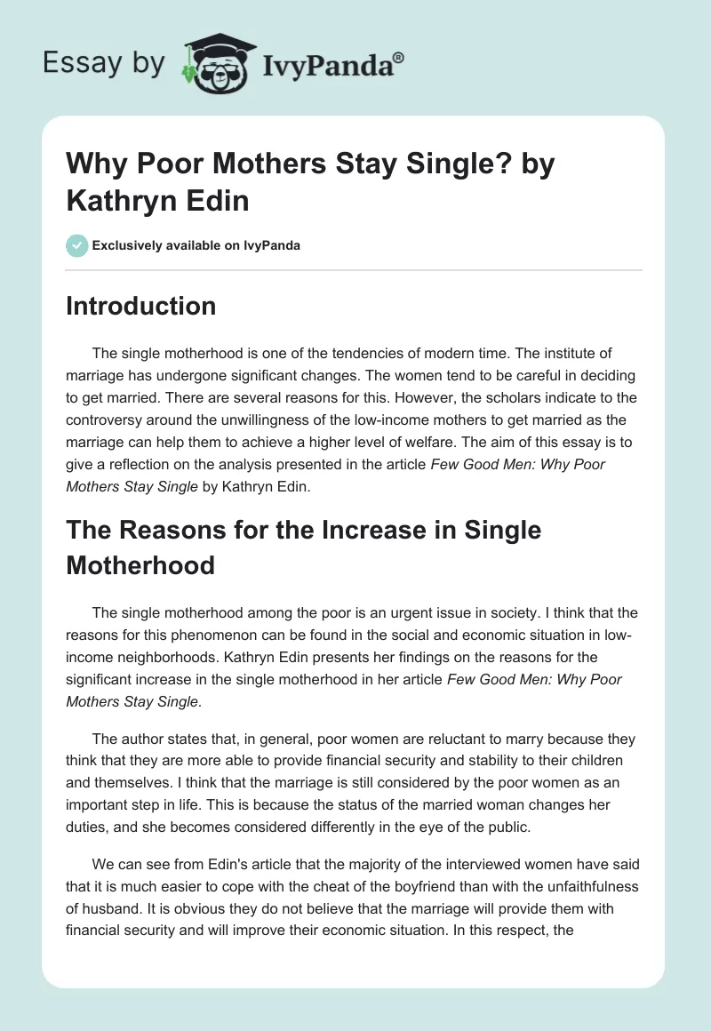 "Why Poor Mothers Stay Single?" by Kathryn Edin. Page 1