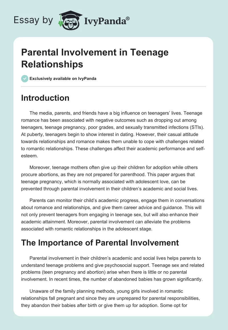 Parental Involvement in Teenage Relationships. Page 1