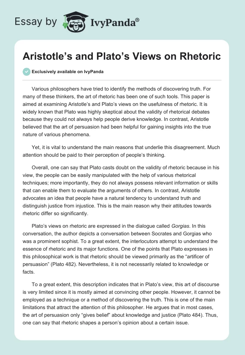 Aristotle’s and Plato’s Views on Rhetoric. Page 1